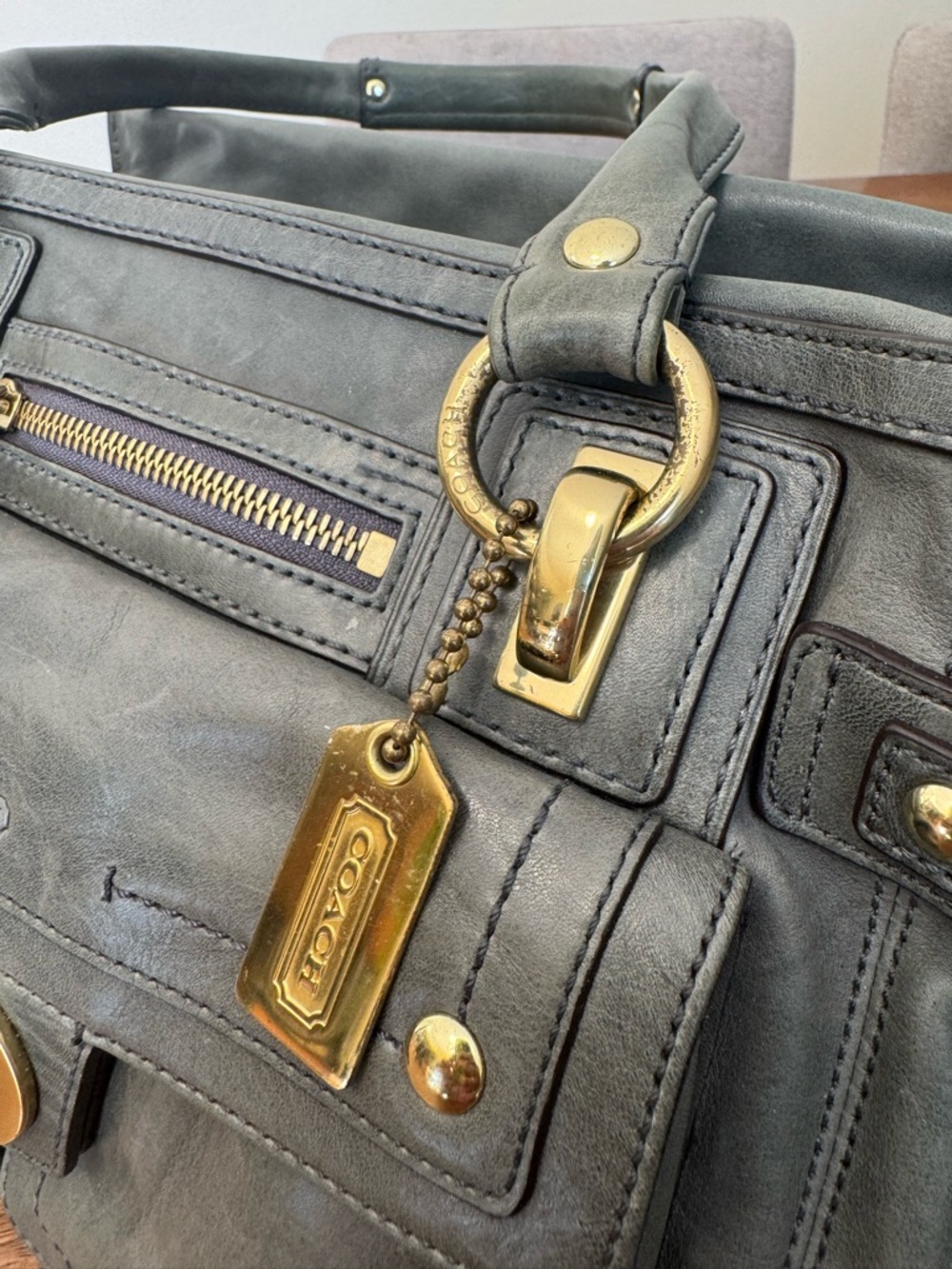 Vintage Coach Hampton Lindsay Satchel Olive Gray Leather Turnlock - Picture 7 of 10